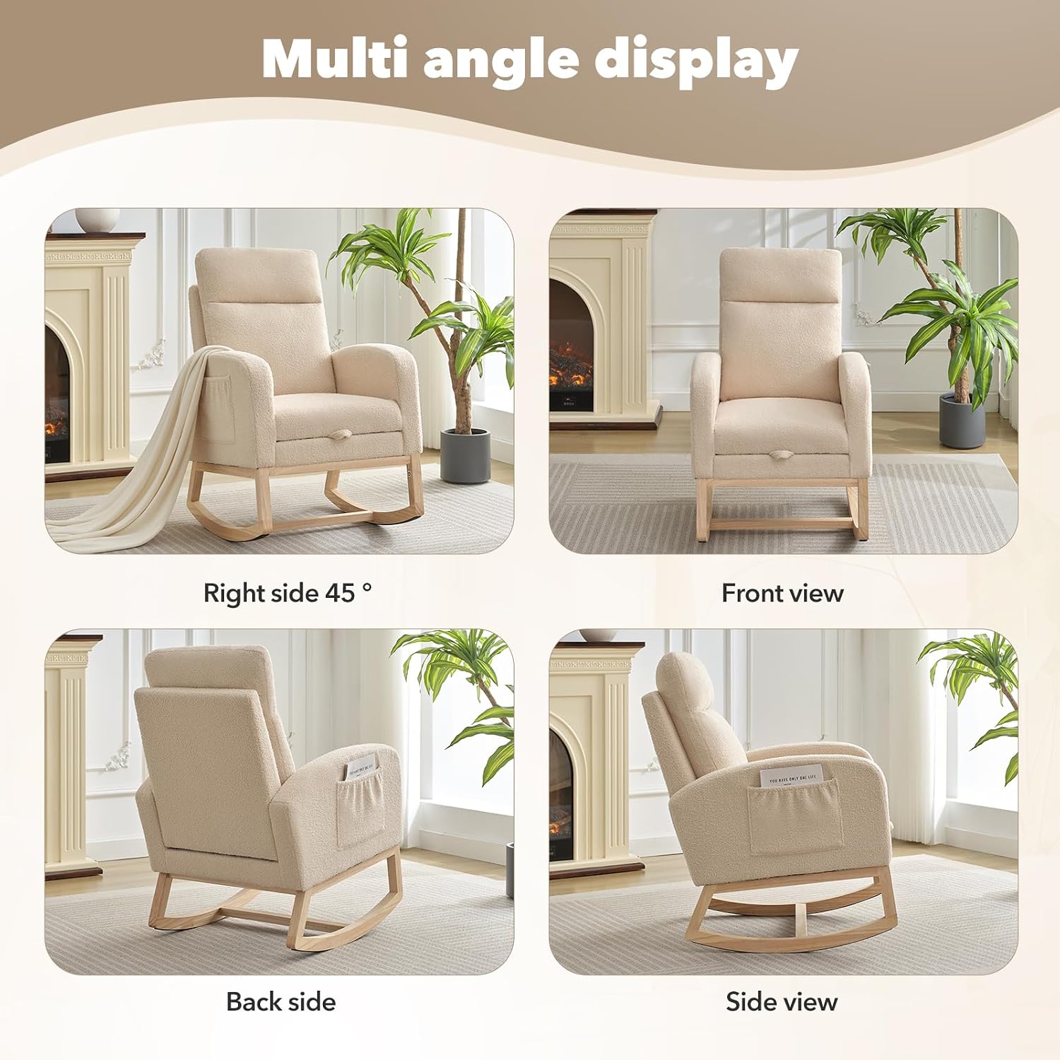 Nursery Rocking Chair with Foot Rest,Modern PU Upholstered Reading Glider Chair,High Backrest & Side Pocket for Living Room, Bedroom, Baby Room