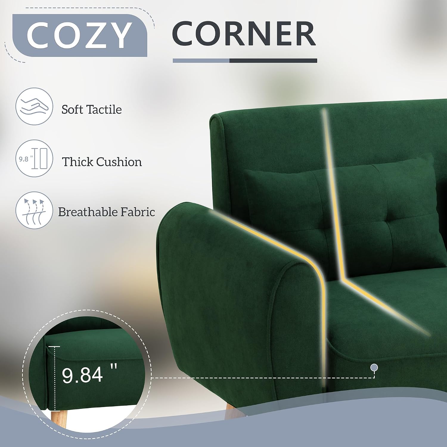 Shintenchi 48'' Loveseat Sofa, Mid-Century Modern Upholstered Couch Deep Seat with 2 Pillows, 10' Thick Cushion with Spring, Solid Wood Frame Small Couch for Living Room, Dorms & Office, Green