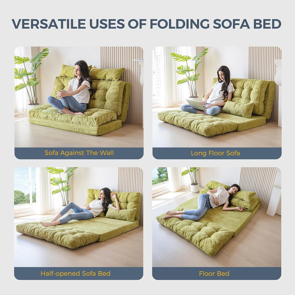 MAXYOYO Folding Sofa Bed, Tufted Bean Bag Bed with Pillows Floor Mattress for Adults, Extra Thick and Long Floor Sofa, Full Floor Couch Bed for Bedroom Living Room, Green, 54x91 Inch
