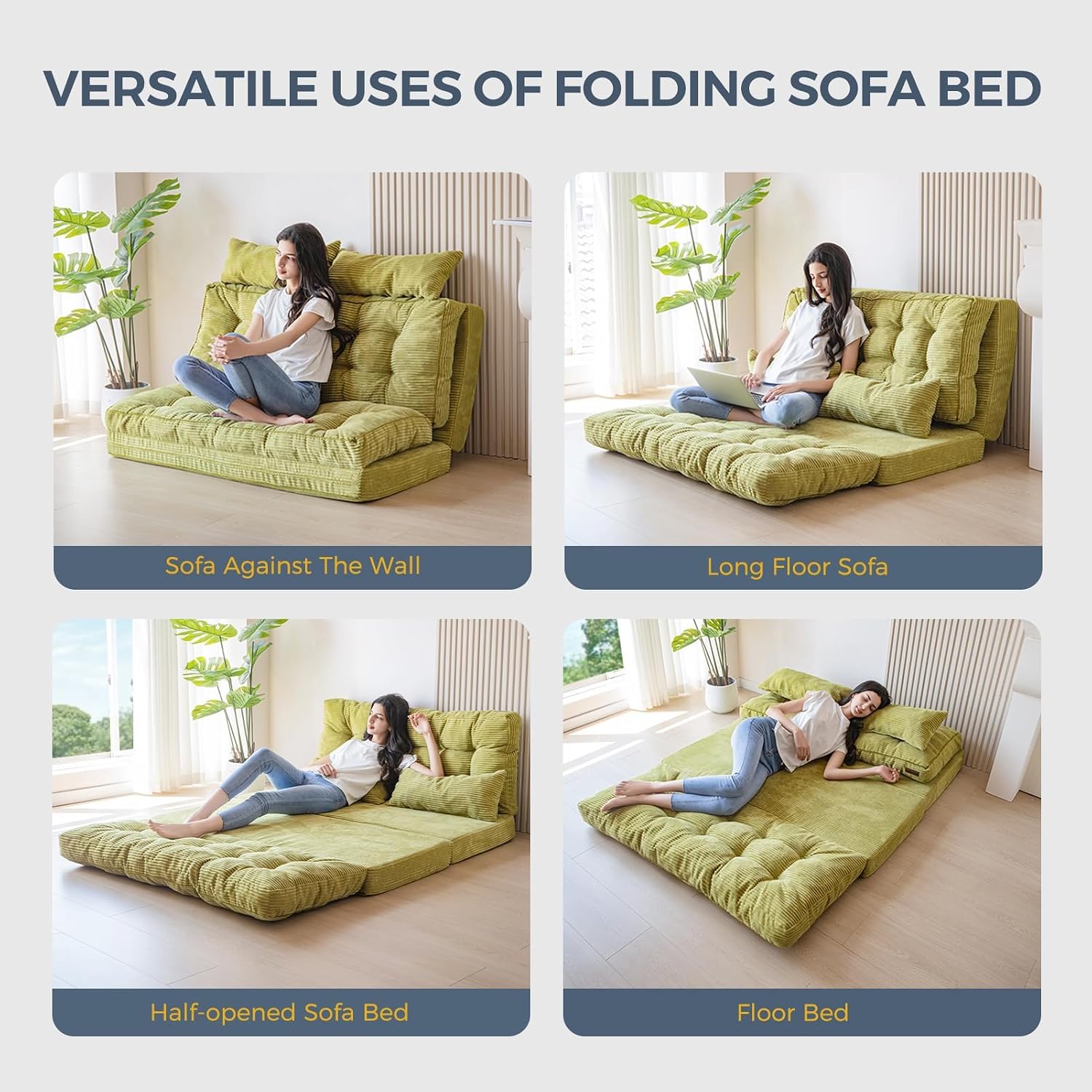 MAXYOYO Folding Sofa Bed, Tufted Bean Bag Bed with Pillows Floor Mattress for Adults, Extra Thick and Long Floor Sofa, Full Floor Couch Bed for Bedroom Living Room, Green, 54x91 Inch
