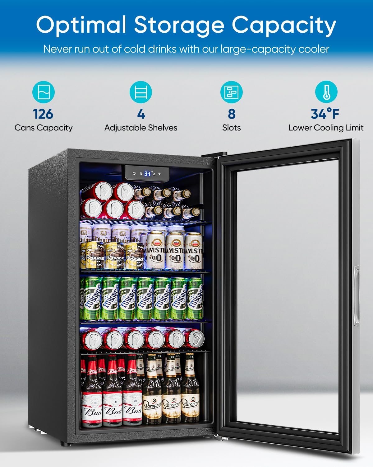 Feelfunn 3.2 Cu.Ft Mini Fridge with Glass Door - 126 Can Beverage Refrigerator Cooler for Drink Beer Wine Soda, Small Refrigerator for Bedroom Office Bar Dorm, 4 Adjustable Shelves, Silver