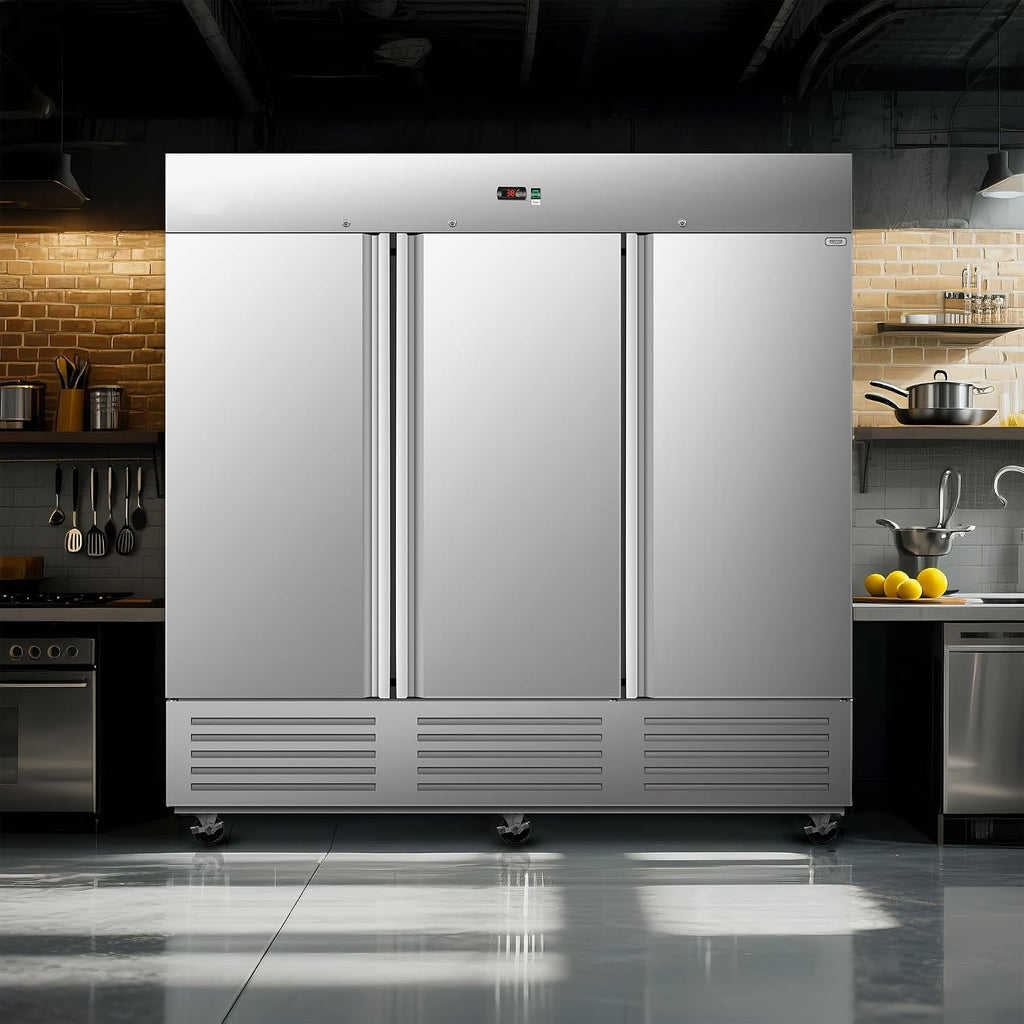 DeepTide 81' W Commercial Upright Refrigerator with Three-Door: 68 Cubic Feet Storage, Adjustable Shelving, Automatic Defrosting, Precision Digital Thermostat, LED Lights, Safety Locks