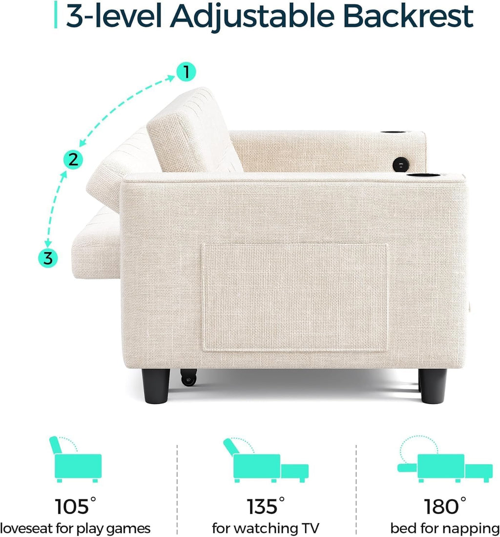 LINSY Sleeper Sofa Bed, 54' Pull Out Couch with Charging Station & Cup Holder, Small 3 in 1 Convertible Loveseat Sleeper Couch for Apartment, Dorm Room, Bedroom and Small Space(Chenille Beige)