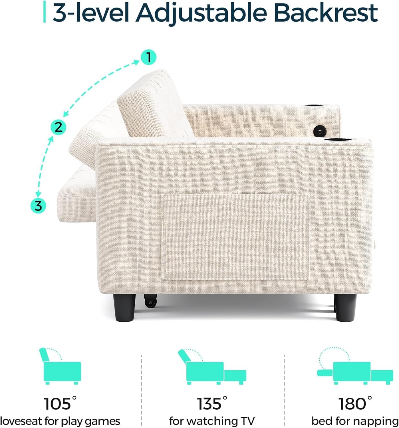 LINSY Sleeper Sofa Bed, 54' Pull Out Couch with Charging Station & Cup Holder, Small 3 in 1 Convertible Loveseat Sleeper Couch for Apartment, Dorm Room, Bedroom and Small Space(Chenille Beige)