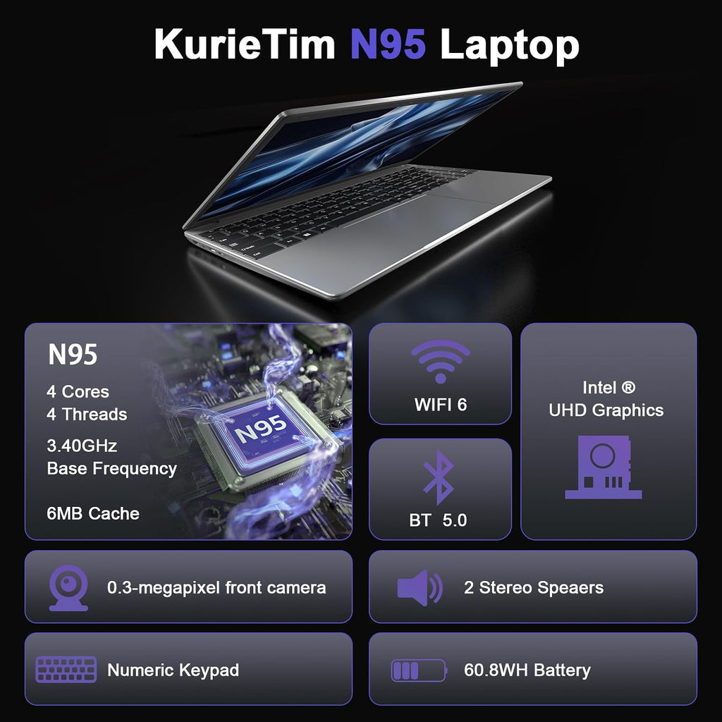 KurieTim 15.6' Laptop Computer, 32GB DDR4 RAM 512GB PCIe SSD, IntelN95 Processor(4C/4T, Up to 3.4GHz), Gaming Laptops with Backlight Keyboard, Fingerprint Reader, 8000mAh Battery, Win11 Pro,Silver
