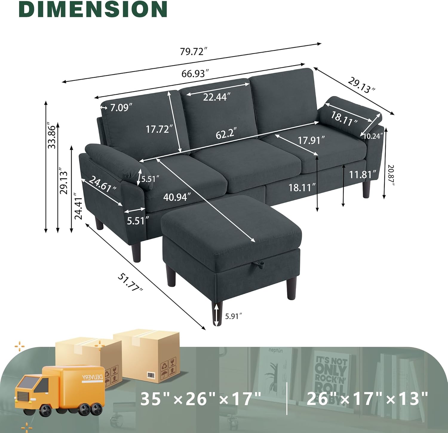 80' Convertible Sectional Sofa, Small L Shaped 3 Seat Couch with Reversible Storage Chaise, Modern Polyester Fabric Sofa Couches for Living Room, Apartment and Small Space, Dark Grey