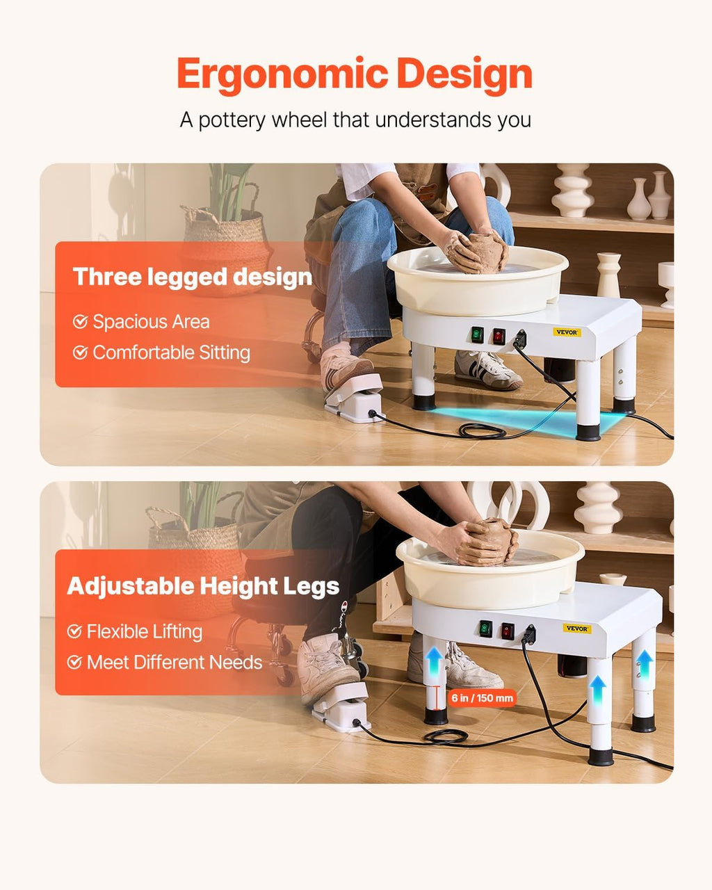 VEVOR 14in/35cm Pottery Wheel for Adults, 0-6in Lift-Table 450W Professional Pottery Kit with Foot Pedal Detachable Basin DIY Art Clay Potter's Wheel for Kids Adults Beginners at Home Pottery, White