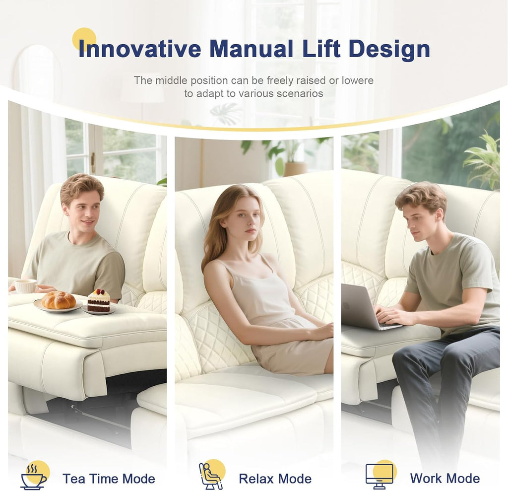 Recliner Sofa 3 Seater Sofa with Recliner, Home Theater Seating with Liftable Console & Removable Armrest, Manual PU Leather Reclining Couch with Cup Holders & USB Ports for Living Room/RV (PU,White)