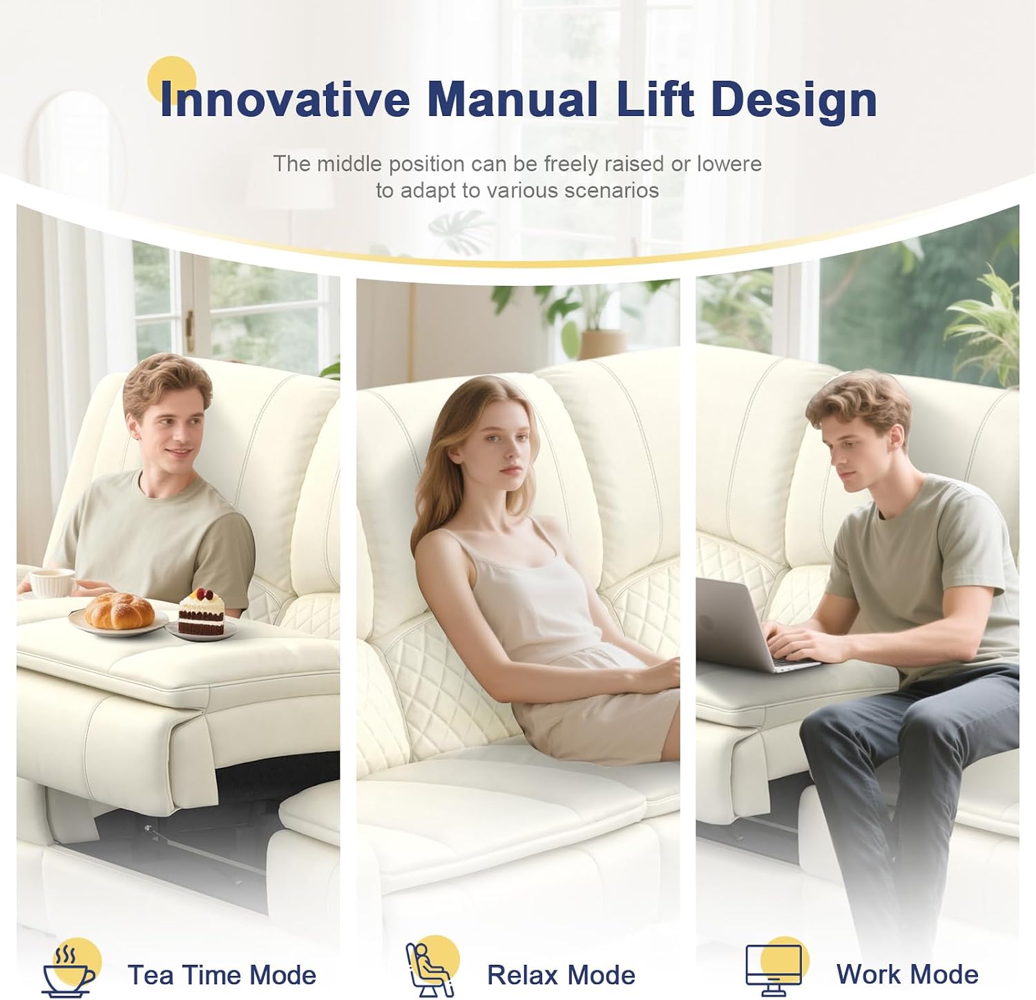 Recliner Sofa 3 Seater Sofa with Recliner, Home Theater Seating with Liftable Console & Removable Armrest, Manual PU Leather Reclining Couch with Cup Holders & USB Ports for Living Room/RV (PU,White)