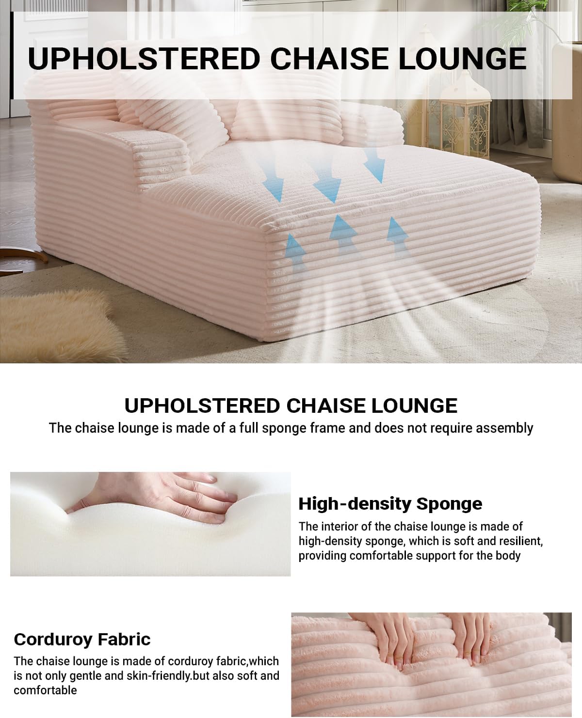 ivoros 50 Inch Chaise Lounge Chair Indoor, Oversized Corduroy Upholstered Boneless Sofa Bed, Deep Seat Sleeper Couch Reading Chairs, Cloud Sofas Couches for Living Room, No Assembly Required (Pink)