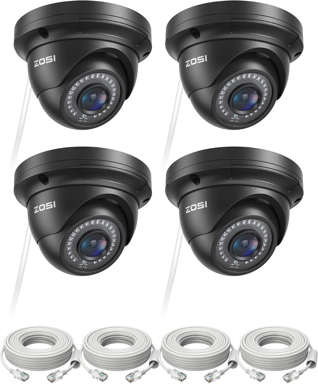 ZOSI 4 Pack 5MP 3K Add-on Security Dome POE Camera with Cable, 2880 x 1620 Indoor Outdoor IP Camera, 80ft Night Vision, 3.6mm Lens, 95°View Angle, IP66 Weatherproof (Only Work with ZOSI PoE NVR)