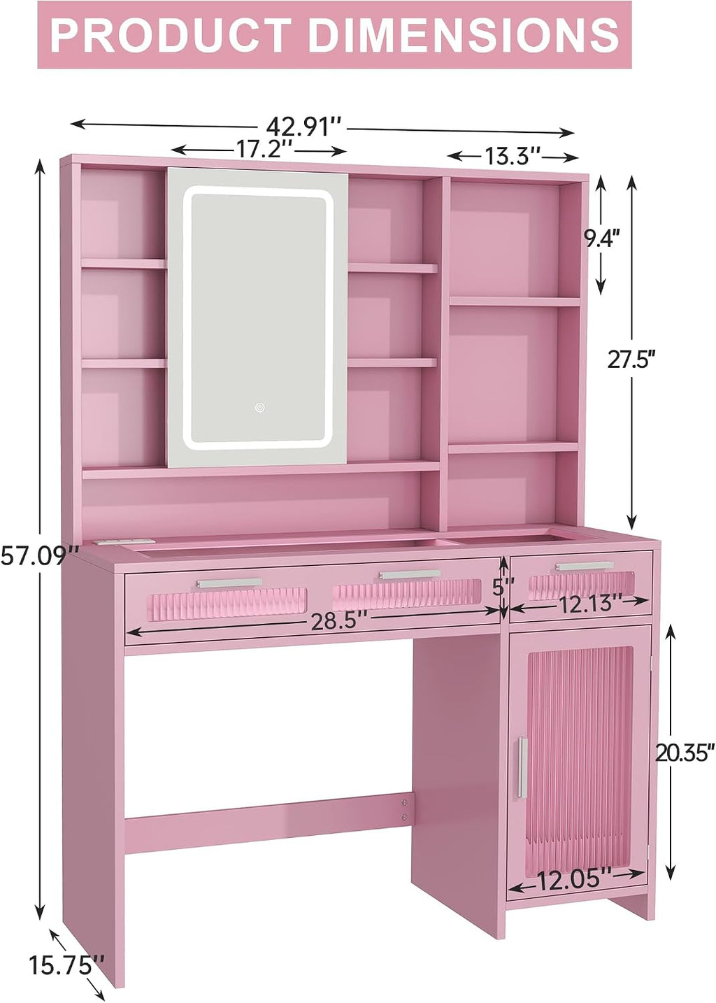 Hadulcet Pink Vanity Desk with Mirror and Lights, 43' Makeup Vanity Desk with Glass Top, Power Outlets, 2 Drawers, 10 Shelves & Acrylic Cabinet, LED Vanity Table for Girls Women Gift