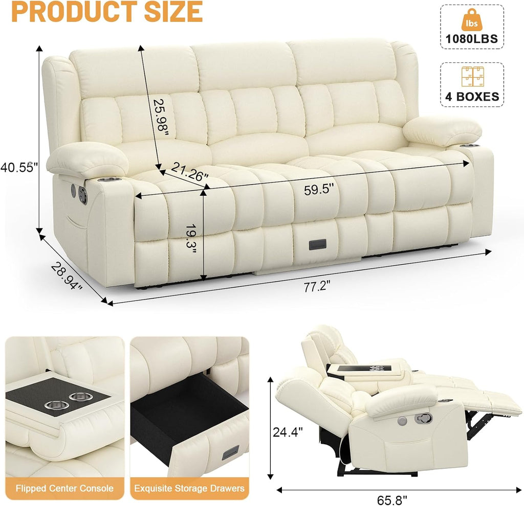Dresegmt Loveseat Recliner Sofa, Flip Middle Backrest Design PU Leather 3 Seat Reclining Sofa with Storage Drawer, Manual Couch for Living Room (Ivory White, PU)