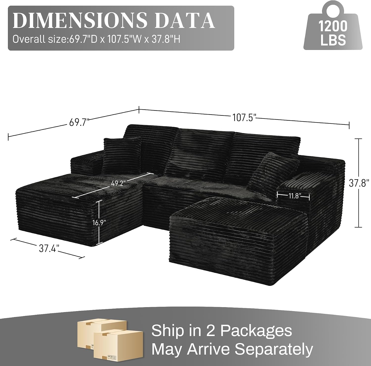 108' Boneless Couches for Living Room, U Shaped Comfy Cloud Modular Sectional Memory Foam Deep Seat Boneless Couch, No Assembly Required Sofa for Living Room with Left Facing Chaise & Ottoman, Black