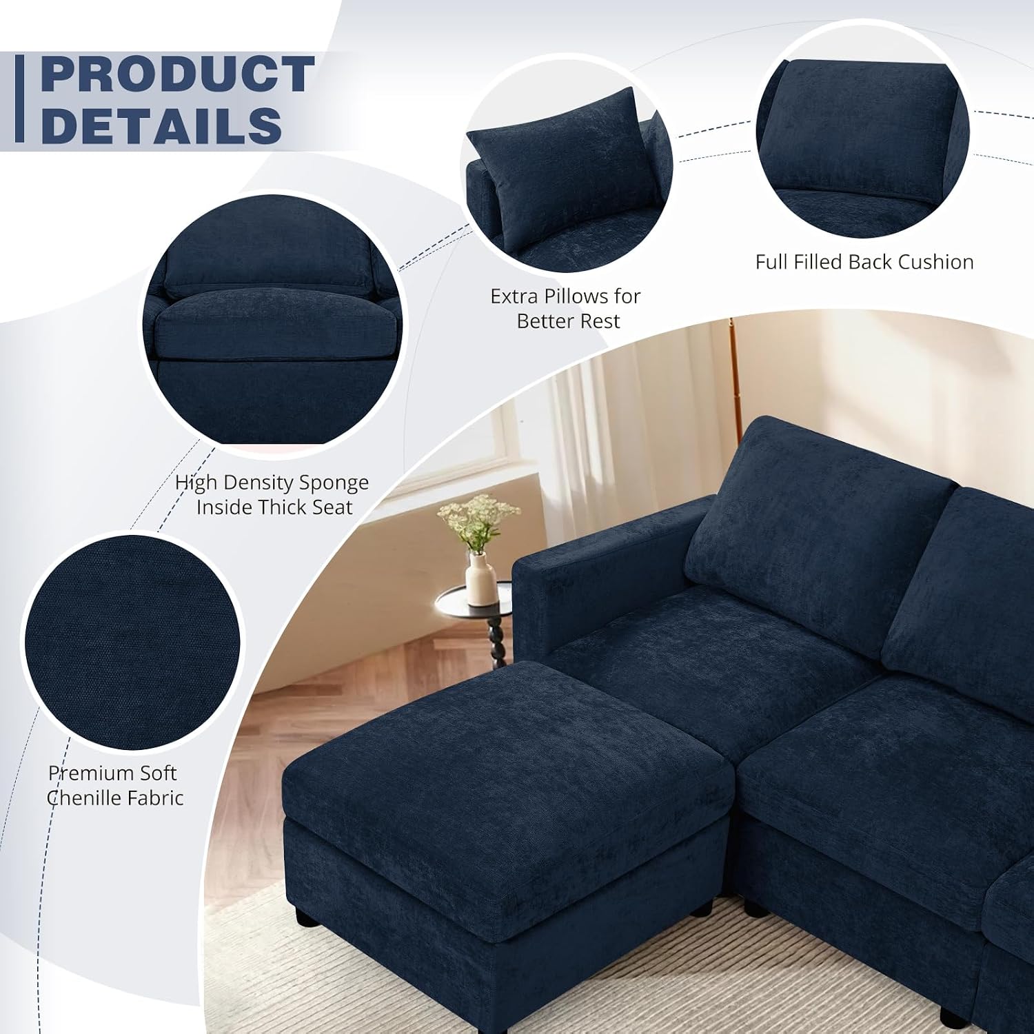 84' Chenille 3-Seats Sofa W/Movable Ottoman, Modern Fabric L-Shaped Couch w/Soft Backrests, Upholstered Sectional Sofa w/Arm Pillows for Living Room, Office, Blue
