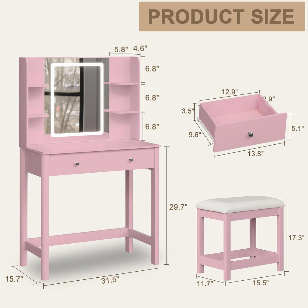 Vanity Desk with Mirror and LED Lights, Small Makeup Vanity Table Set with Drawers and Chair, Dressing Table with Power Outlet for Girls Bedroom, Pink