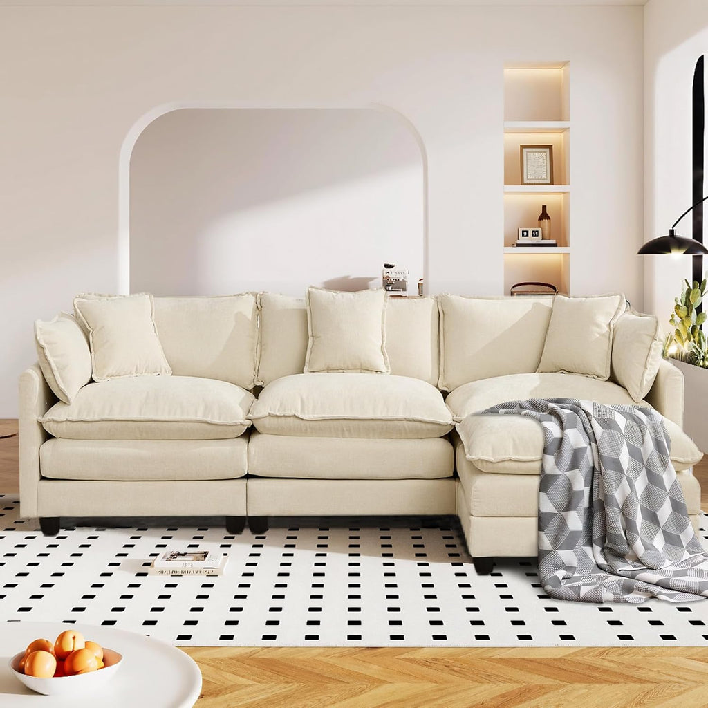 SoarFlash 113.78' Chenille Sectional Sofa, Comfy Modular Loveseat Sofa, Modern 3-Seat Couch Deep Seat Sofa Set for Living Room,Beige