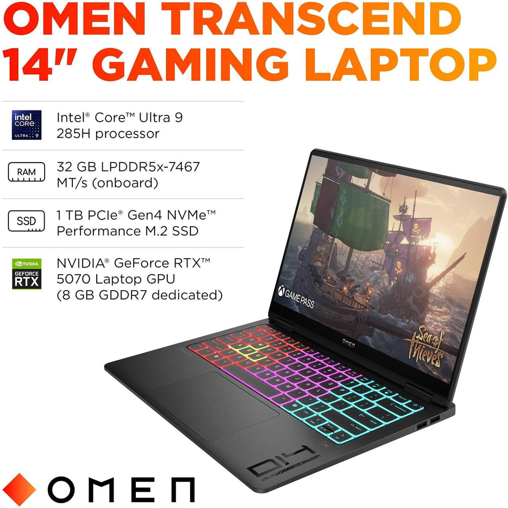HP OMEN Transcend 14 AI Gaming Laptop 14.0' 2.8K (Intel Ultra 9-285H, GeForce RTX 5070 8GB, 32GB LPDDR5X, 1TB PCIe SSD, Win 11 Pro) w/DKZ USB Port Expander