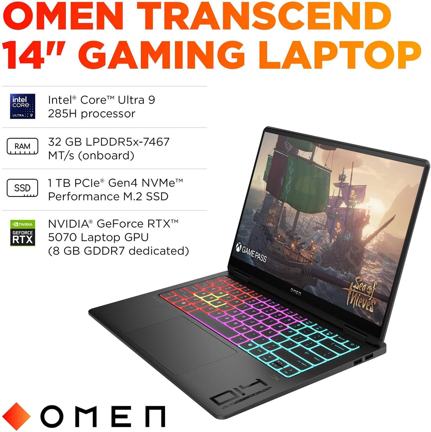 HP OMEN Transcend 14 AI Gaming Laptop 14.0' 2.8K (Intel Ultra 9-285H, GeForce RTX 5070 8GB, 32GB LPDDR5X, 1TB PCIe SSD, Win 11 Pro) w/DKZ USB Port Expander
