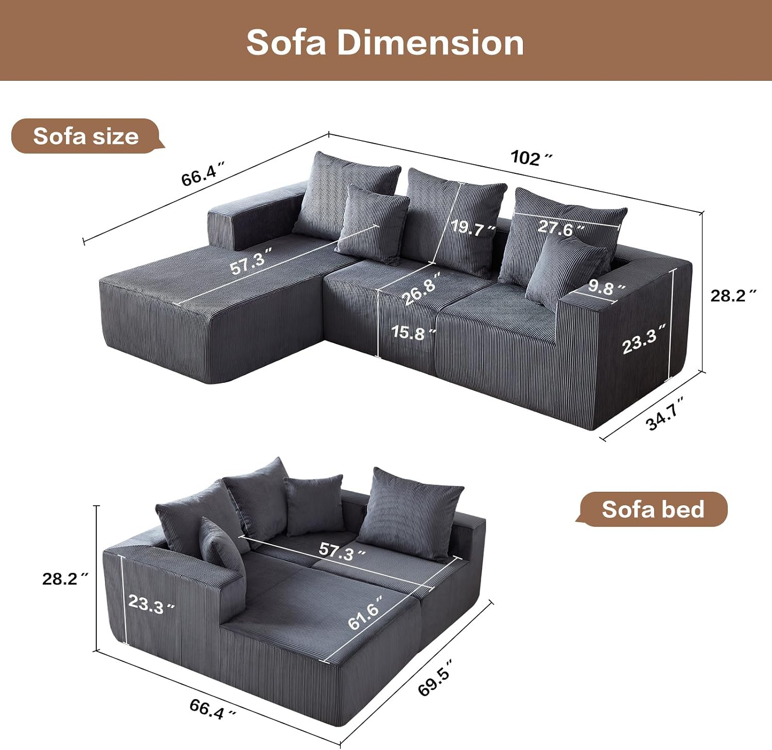 Boneless Couch for Living Room-102 Cloud Couch with Deep Seat,L-Shaped Comfy Sofa for Bedroom,Compressed Sofa in a Box,No Assembly Required(Corduroy,Grey)