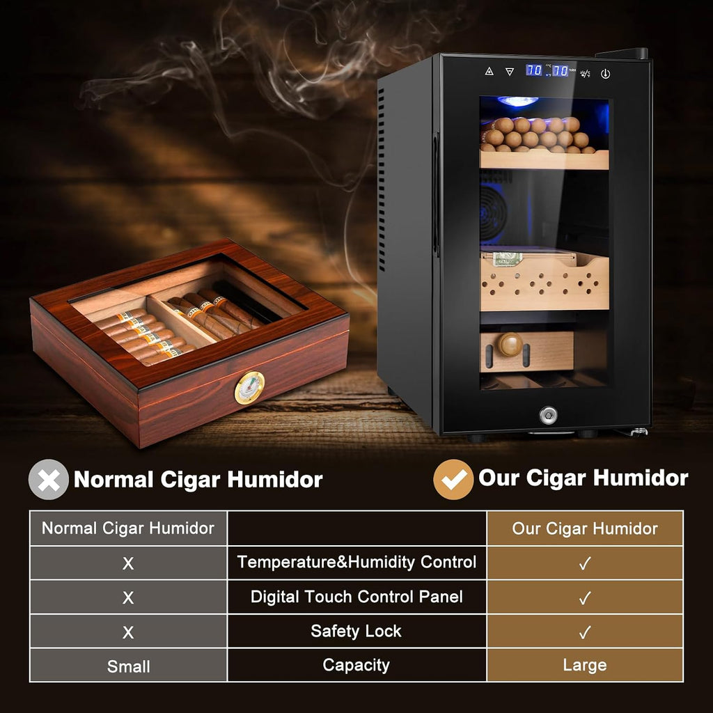 Electric Cooler Cabinet 25L with Temperature and Humidity Control, Spanish Cedar Wood Shelves and Safety Lock (180 Counts Capacity), Gift for Men