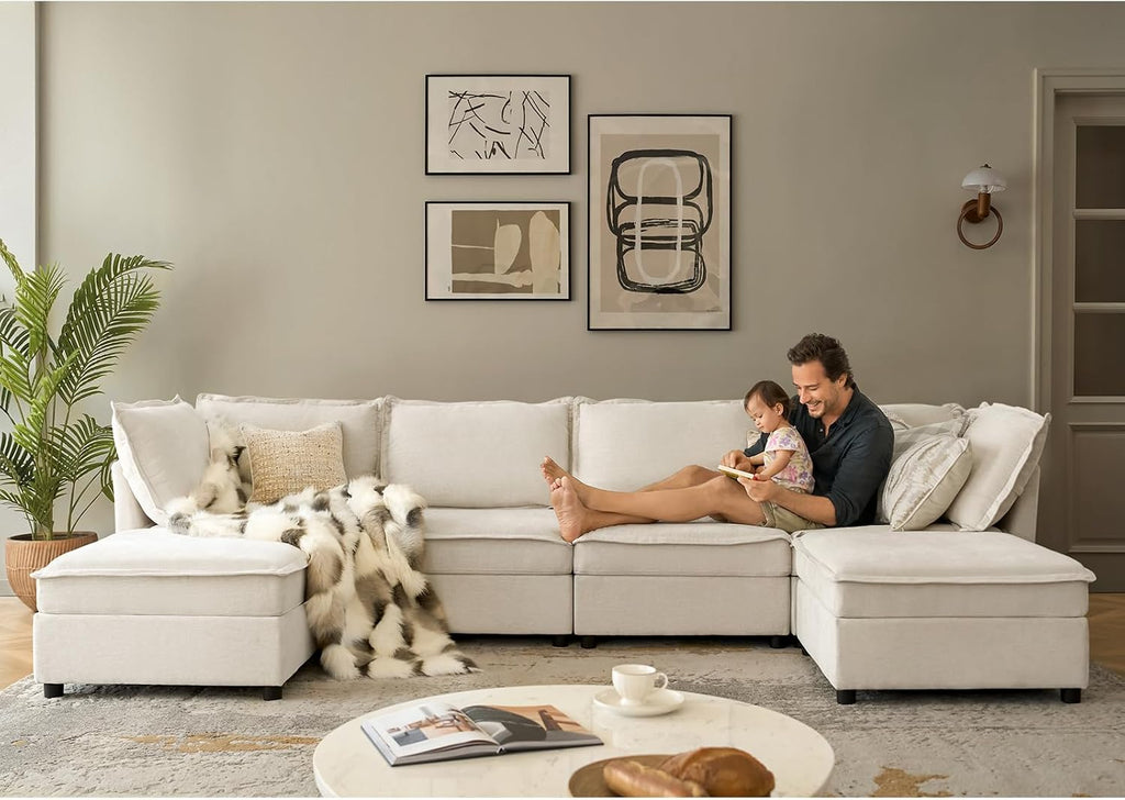 HULALA HOME 127'' Modular Sectional Sofa, Oversized U Shaped Couch with Storage Ottoman, Comfy Chenille Sofa with Deep Seat, 6 Seat Convertible Couches for Living Room, Beige