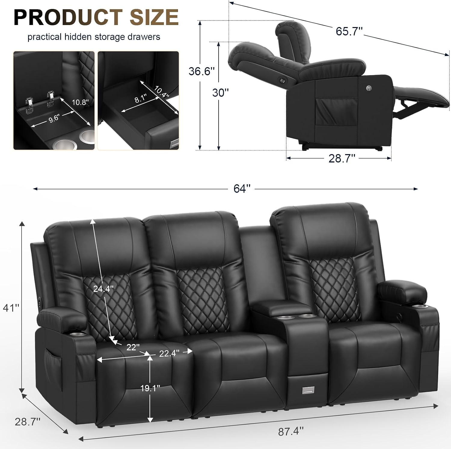 YONISEE 3 Seat Recliner Sofa, Large Reclining Sofa with Storage Console, Manual Reclining Chair with USB Ports, 2 Cell Phone Holder, 3 Seater Loveseat Recliner Couch for Living Room