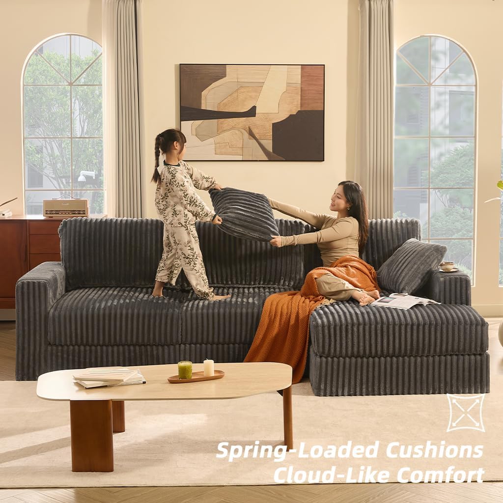 Cloud Couch 113' L-Shaped Couch (Not Boneless), 3-Seater Modular Sectional Couch, Queen Sofa with Corduroy Upholstery, Deep Seats, High Backrest & Pocket Spring Cushions, Right Facing Chaise, Grey