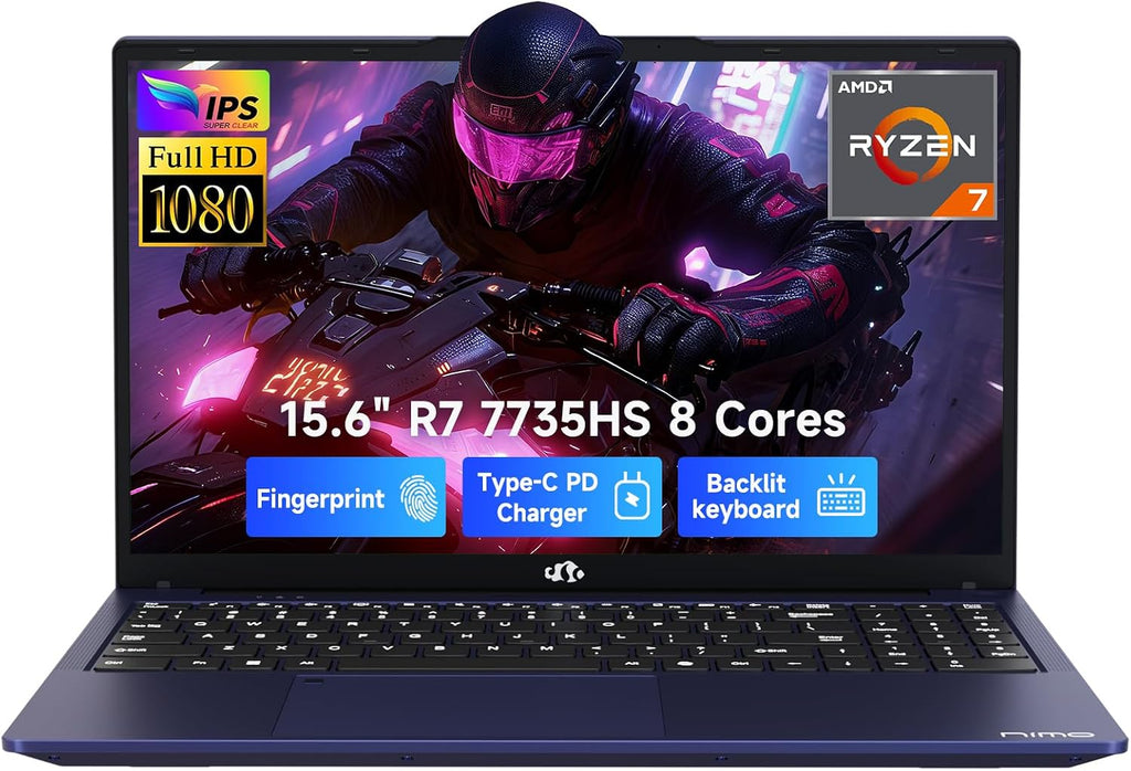 NIMO 15.6' IPS FHD-Gaming-Laptop, AMD 8 Cores Ryzen 7 7735HS 16GB DDR5 RAM 512GB SSD (Beats i7-12650H) Computer with Radeon 680M 100W Type-C Charger Backlit Keyboard Fingerprint, for Gaming Business