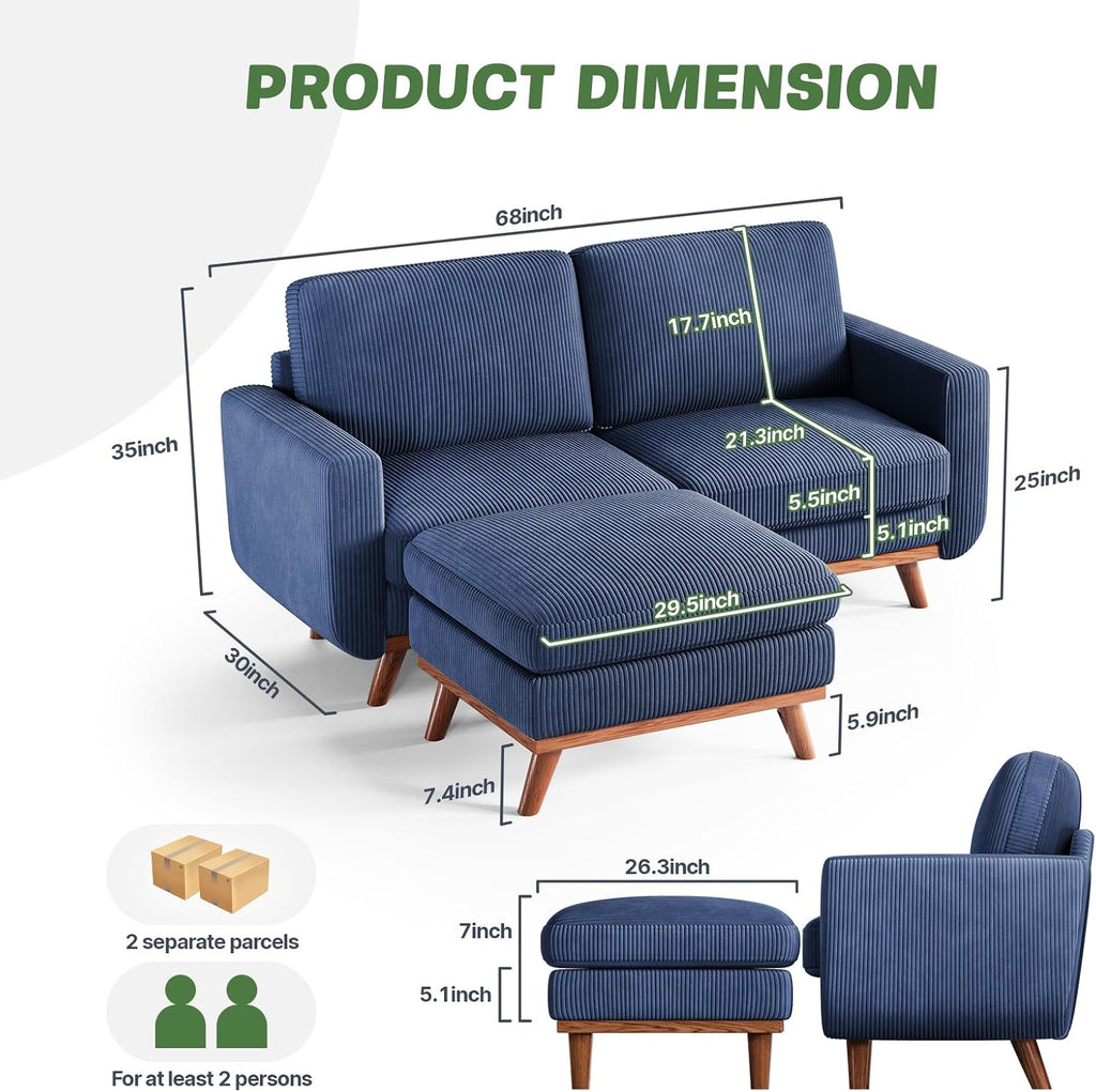 Vesgantti 68' Loveseat Sofa with Movable Ottoman, Comfy Corduroy Couch with Spring Cushion, Sofa Couch with Solid Wood, Modern Office Sofa with Deep Seat for Living Room and Bedroom, Dark Blue