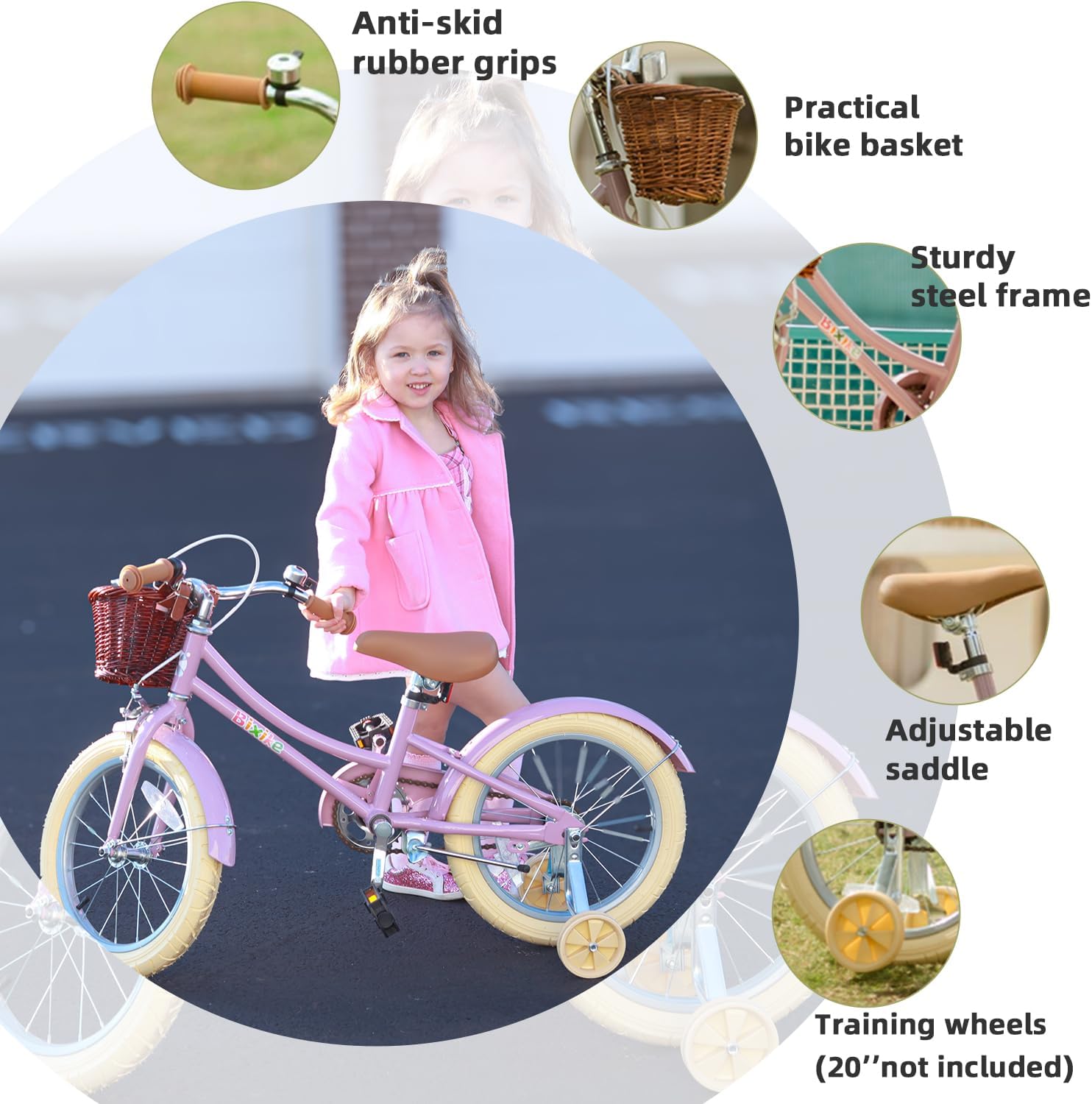 Bixike Retro Design Girls Bike with Basket and Coaster Brake for 3-13 Years Old Kids, 14 16 18 Inch Cruiser Bicycle for Toddlers with Training Wheels, 20 24 26 Inch with Kickstand, Multiple Colors
