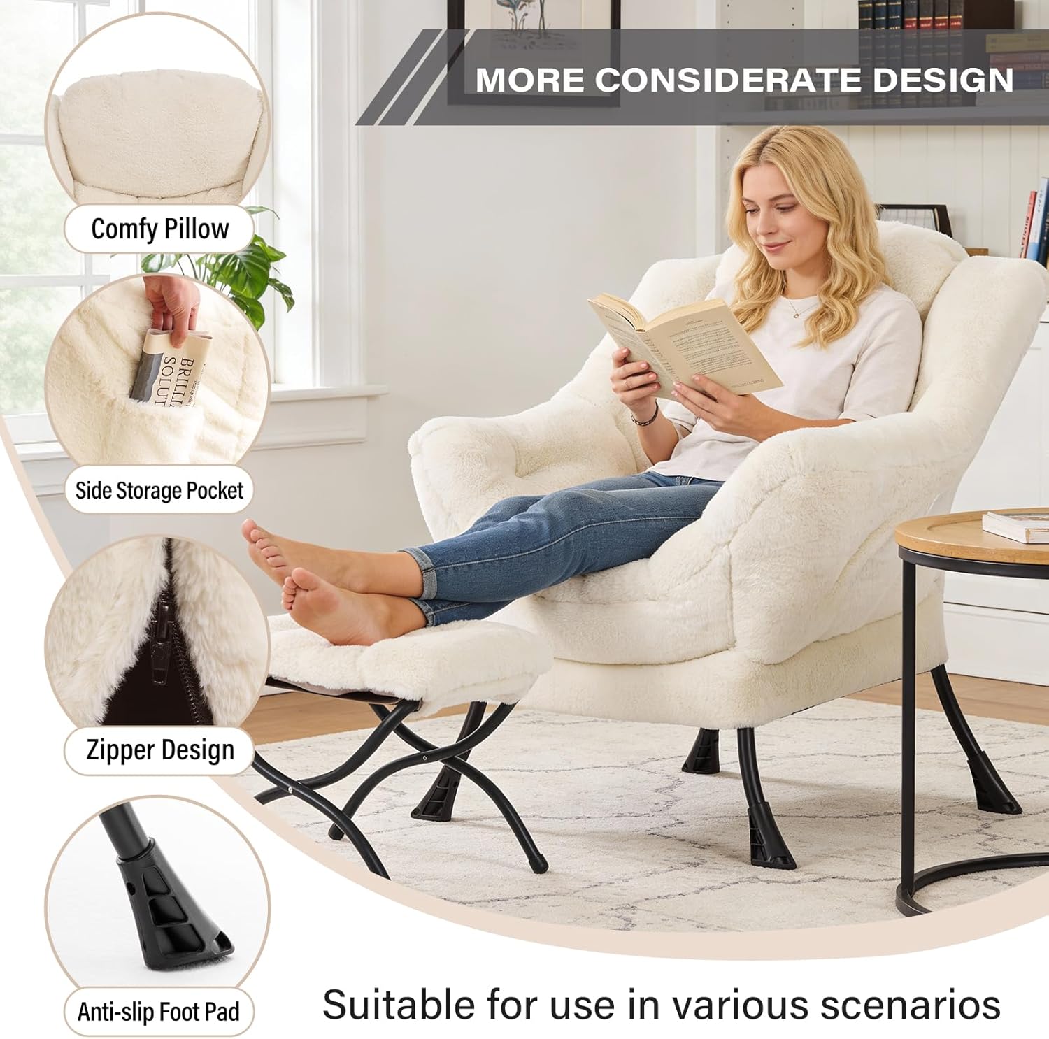 MBOOYOME Lazy Chair with Ottoman, Modern Accent Lounge Armchair with Side Pocket & Foldable Footstool, Leisure Reading Chair for Living Room, Bedroom, Dorm & Office, Plush Beige