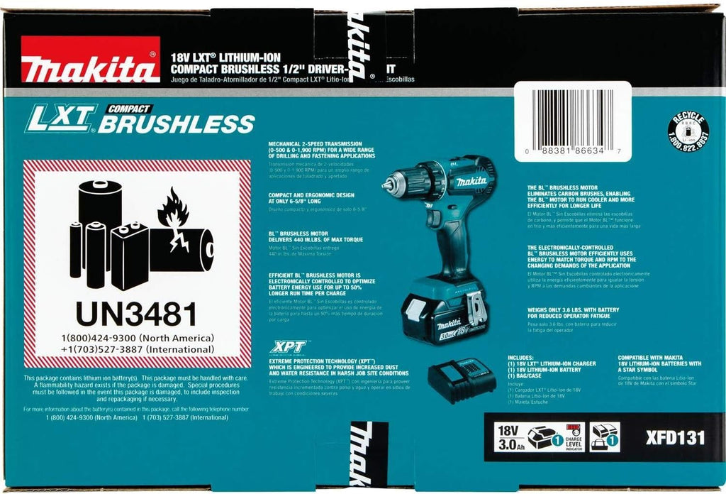 Makita XFD131-R 18V LXT Brushless Lithium-Ion 1/2 in. Cordless Drill/Driver Kit (3 Ah) (Renewed)
