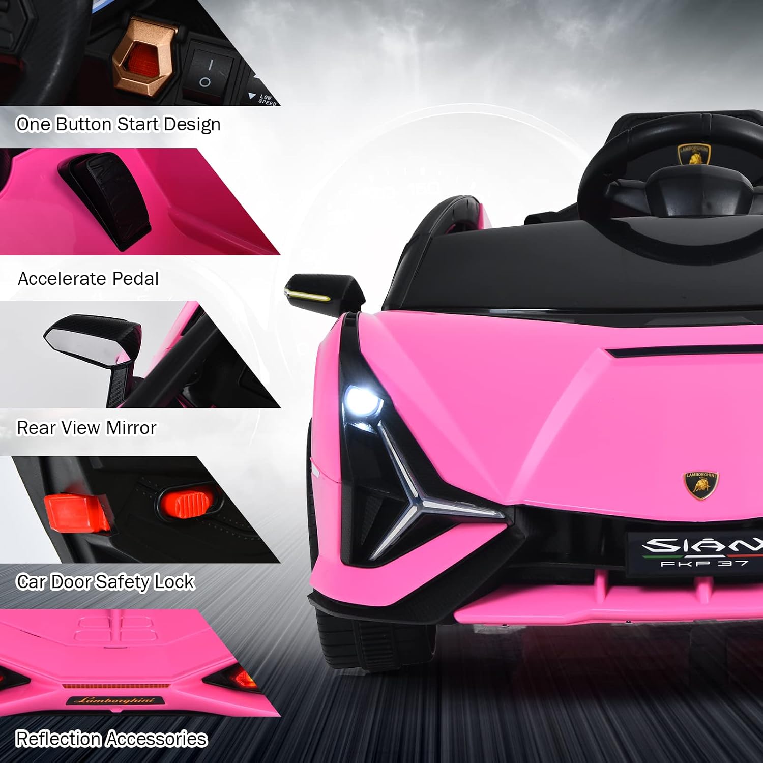 INFANS 12V Licensed Lamborghini Sian Kids Ride On Car with Parent Remote Control, Spring Suspension, MP3 Player, Electric Toy Roadster Carbon Fiber Textured for Toddler (Pink Black)