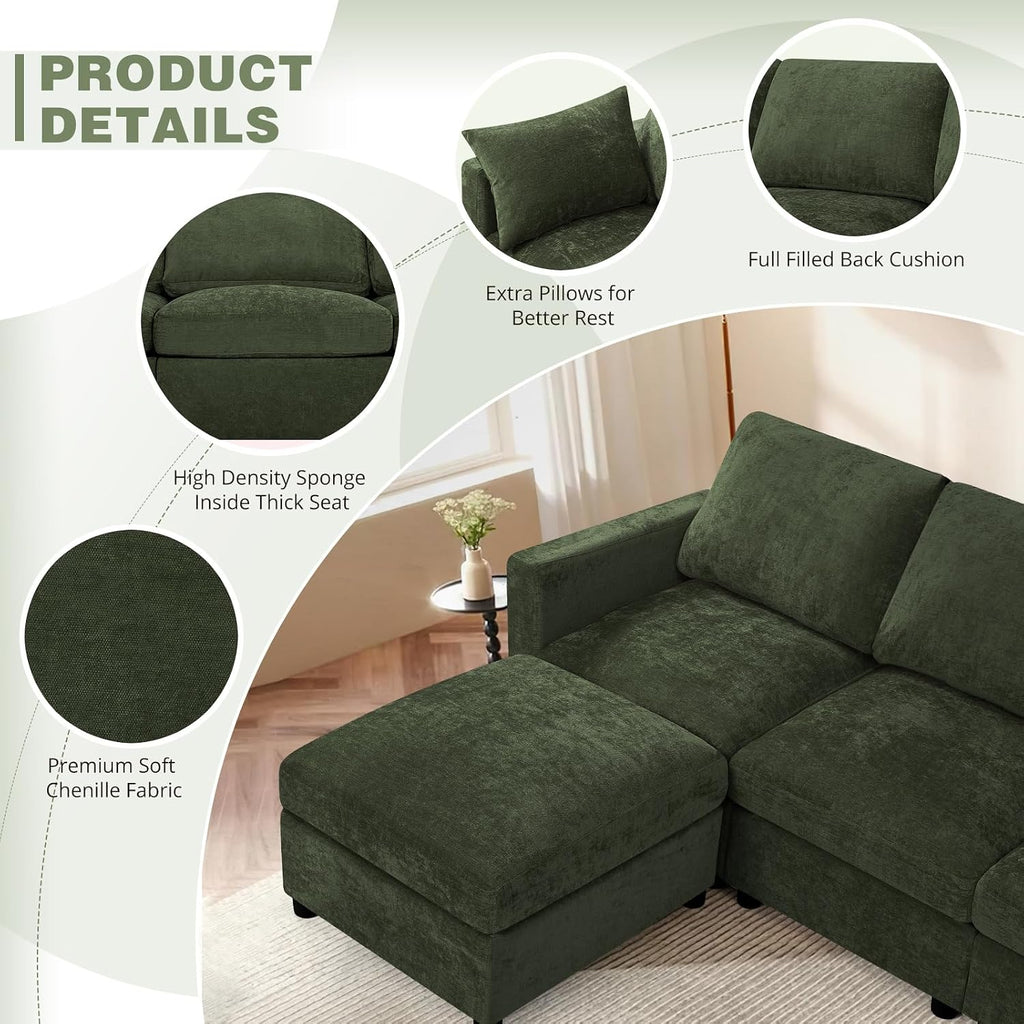 84' Chenille 3 Seats Sofa W/Movable Ottoman, Modern Fabric L Shaped Couch w/Soft Backrest, Upholstered Sectional Sofa with Armrest Pillows for Living Room, Office, Green