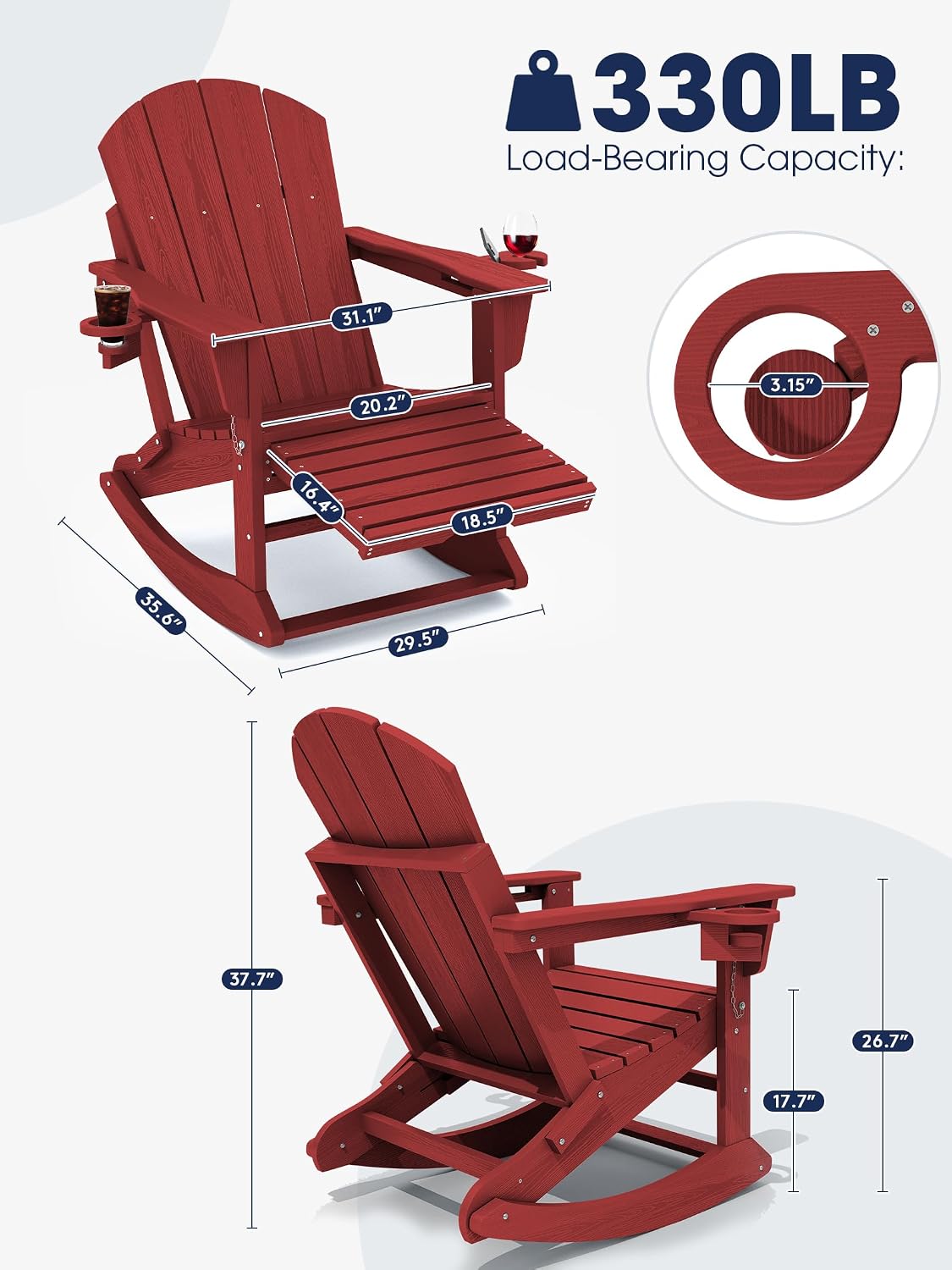 KINGYES Adirondack Rocking Chair with Retractable Ottoman and Cup Holders, HDPE Adirondack Rocker Patio Rocking Chair for Porch, Patio, Balcony, Burgundy Red