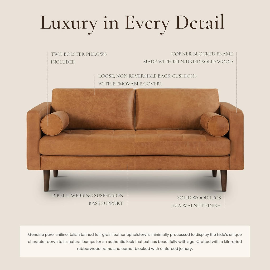 POLY & BARK Napa 72' Leather Sofa – Full-Grain Italian-Tanned Aniline Leather, Feather-Down Comfort, Solid Wood Frame, Walnut Legs, Cognac Tan