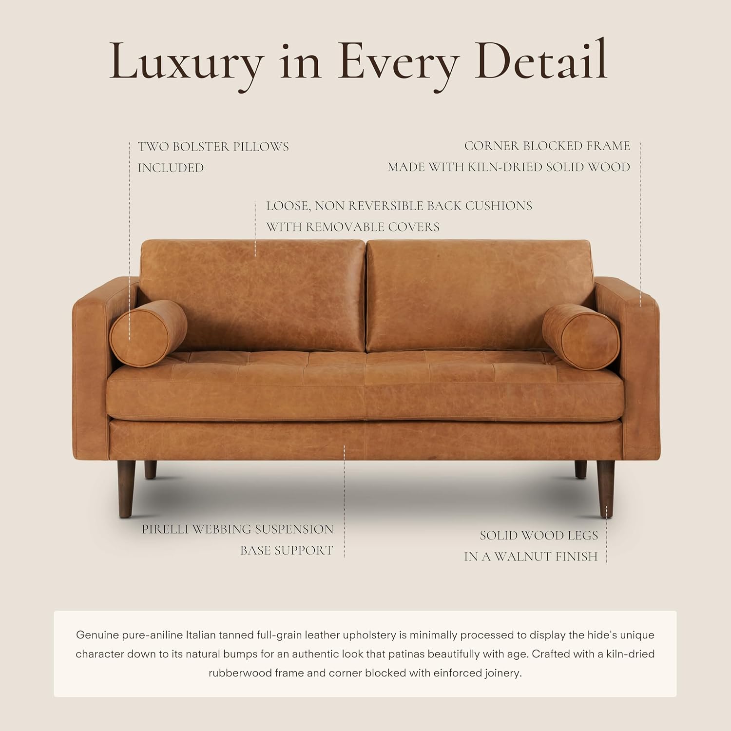 POLY & BARK Napa 72' Leather Sofa – Full-Grain Italian-Tanned Aniline Leather, Feather-Down Comfort, Solid Wood Frame, Walnut Legs, Cognac Tan