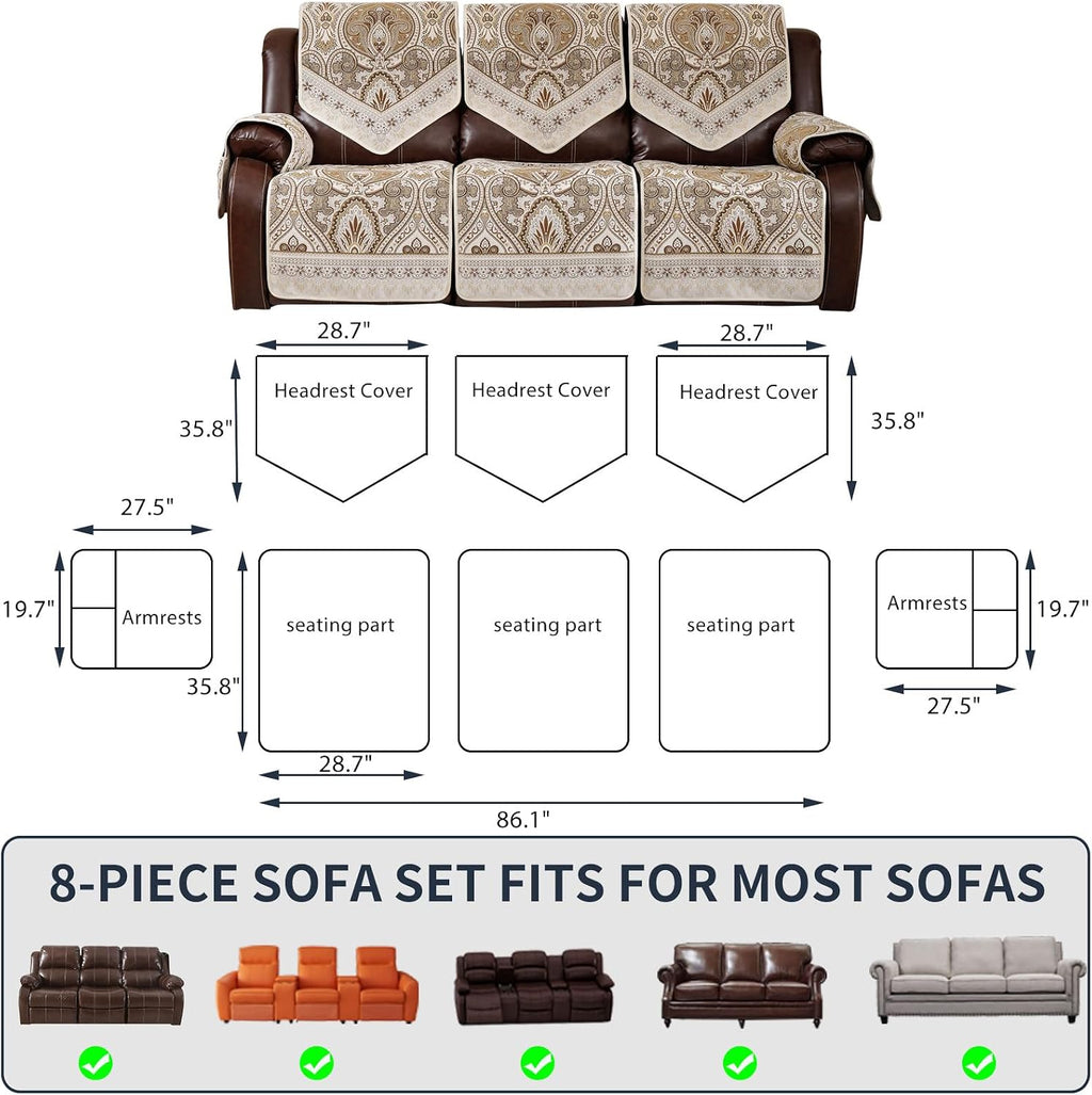 Waterproof Recliner Sofa Covers Non-Slip Recliner Couch Covers for 2 seat, Split Washable Jacquard Reclining Couch Covers Furniture Protecto (FLKF-Beige, 3 Seater)