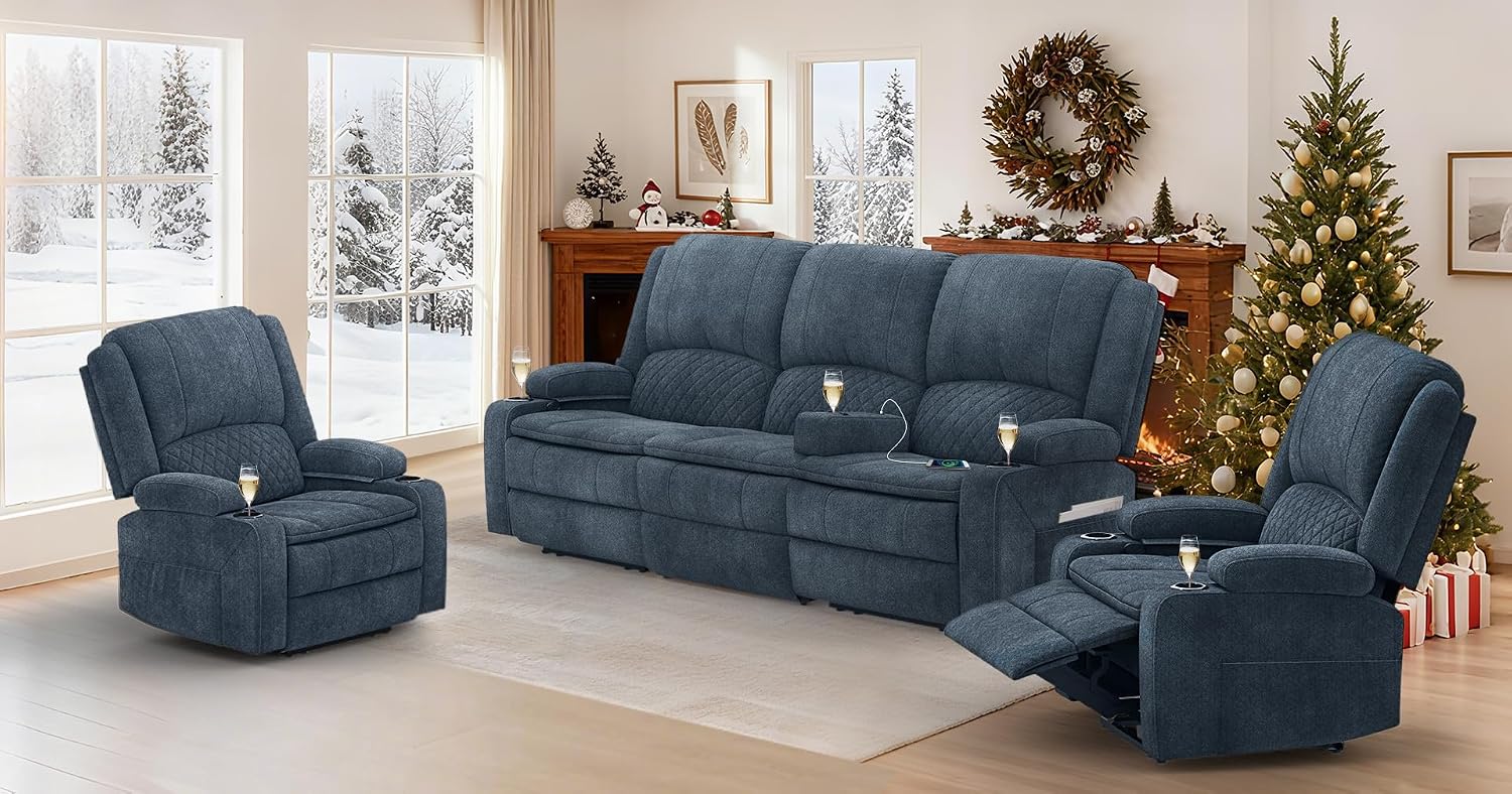 3+1+1 Manual Recliner Sofa, Maximum Load Capacity 2250lbs & Ergonomics Design, Multi-Functional Middle Seat & Home Theater Seating with Removable Armrest and Storage for RV Living Room (Fabric,Blue)