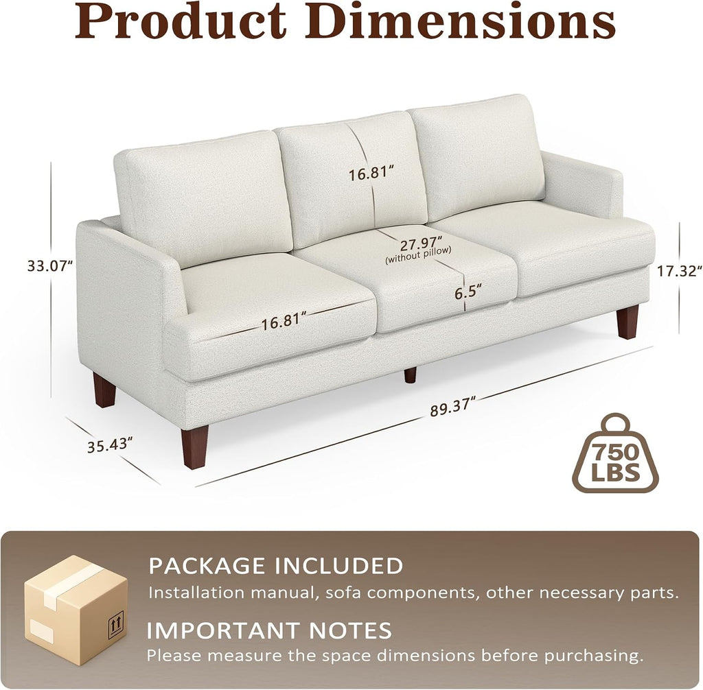 Gericco Mid Century Modern Couches for Living Room, 89' Comfy Couch Sofa with 3-Seater Deep Seats, Upholstered Sofas for Living Room, Office Apartment, Bedroom, Beige