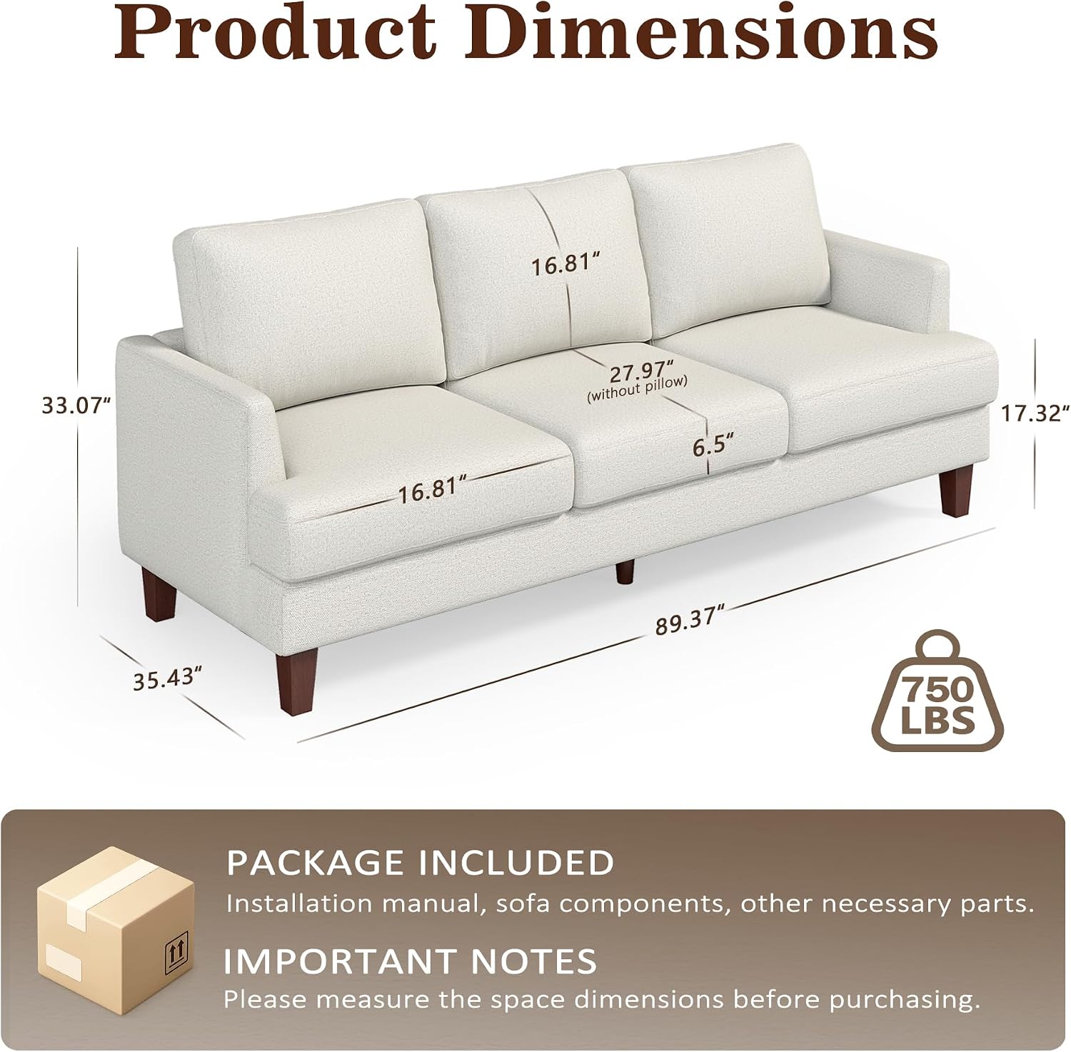 Gericco Mid Century Modern Couches for Living Room, 89' Comfy Couch Sofa with 3-Seater Deep Seats, Upholstered Sofas for Living Room, Office Apartment, Bedroom, Beige
