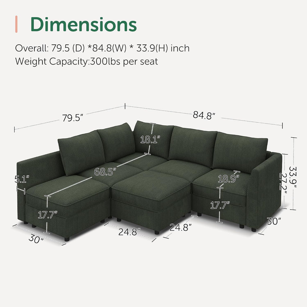 HONBAY Modular Sectional Sofa L Shaped Sectional Couch with Storage, Convertible Couches for Living Room - Green