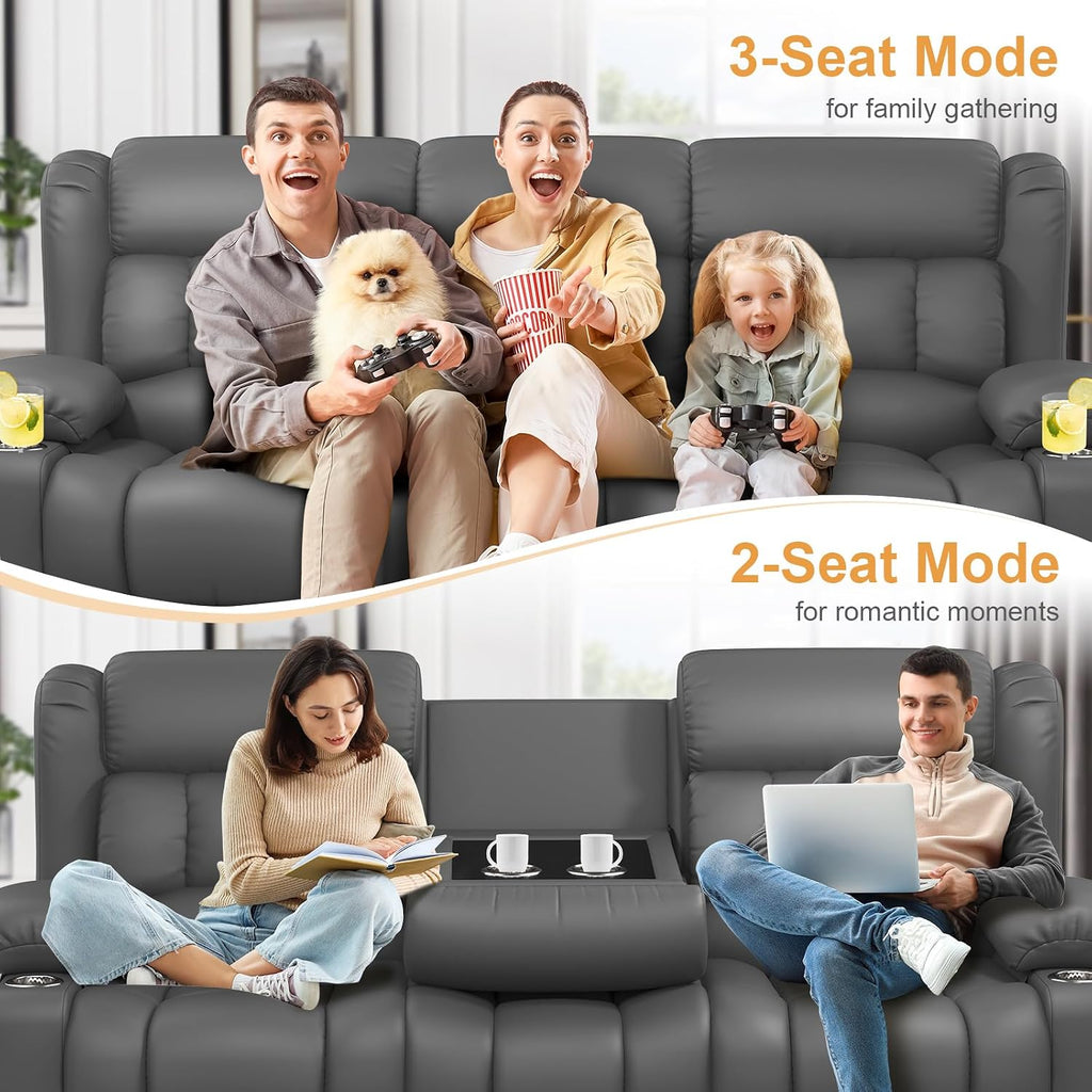 Dresegmt Loveseat Recliner Sofa, Flip Middle Backrest Design PU Leather 3 Seat Reclining Sofa with Storage Drawer, Manual Couch for Living Room/RV (Gray, PU)