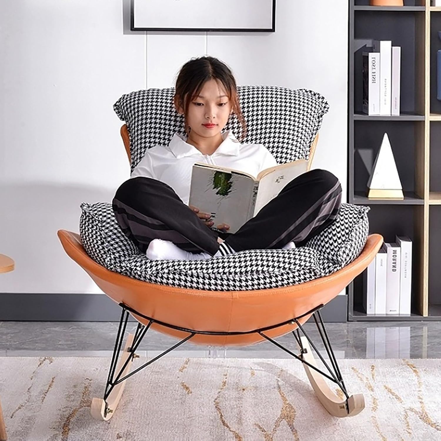 Rocking Boho Papasan Rocking Chair for Nursery Accent Chairs,High Back Tufted Design Rocking Chair,Upholstered Leather Padded Seat Glider Recliner,Solid Wood Base for Living Room/Bedroom Rocker Chair