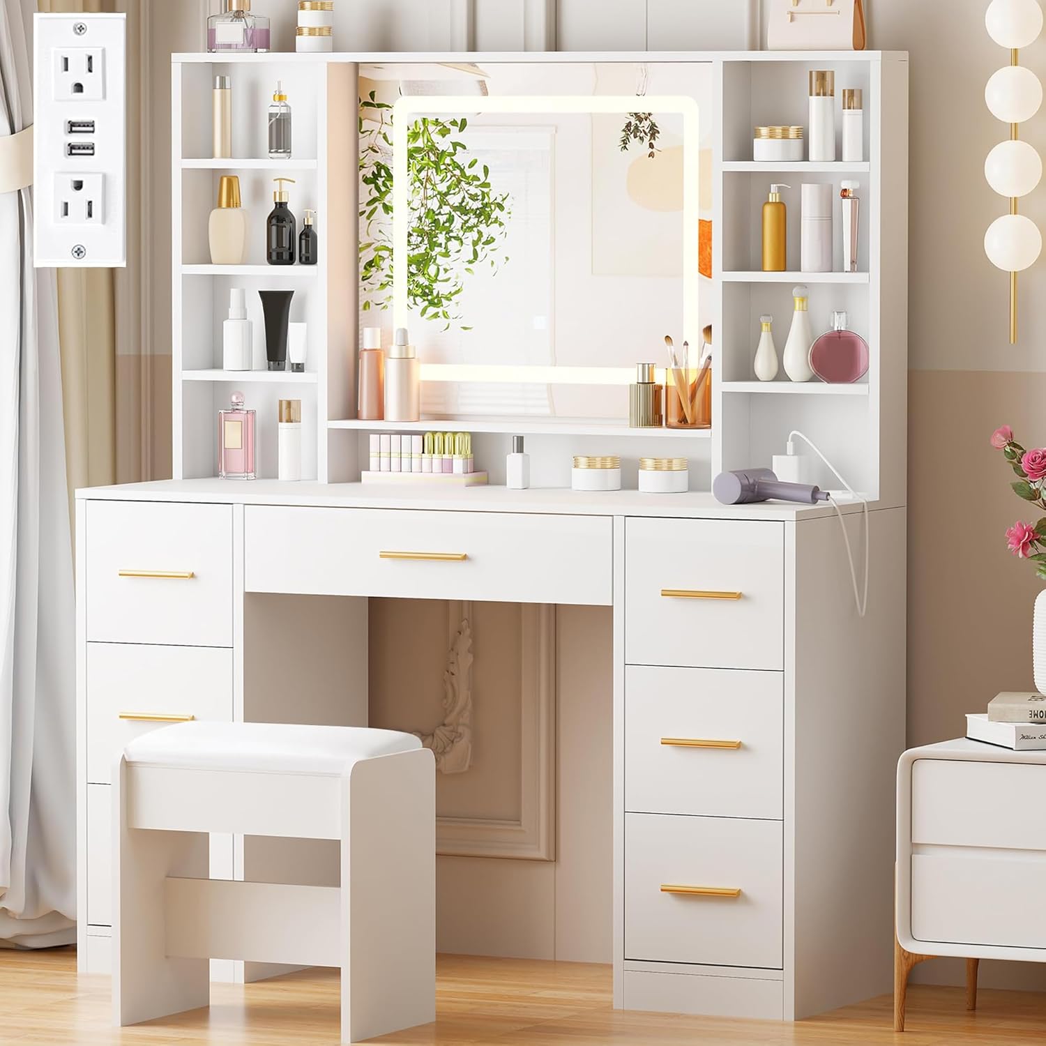 ANWBROAD Vanity Desk Table with Lighted Mirror 39.4' Girls Makeup Vanity with Power Outlet 3 Colors Lighting Adjustable Brightness Vanity Table for Women Bedroom Dressing Room White UBDT65W