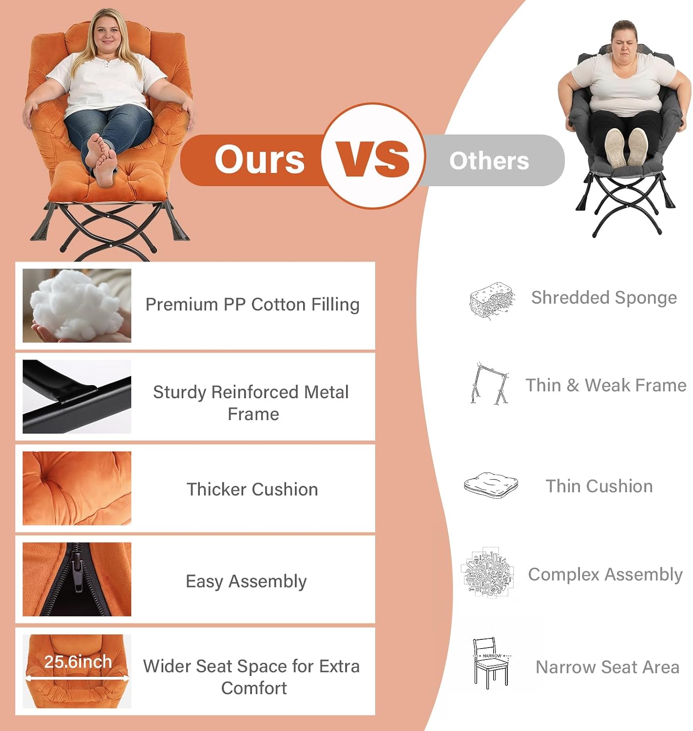 MBOOYOME Lazy Chair with Folding Ottoman, Modern Accent Armchair with Armrests, Side Pocket & Foldable Footstool, Reading Chair for Living Room, Bedroom, Dorm & Office, Velvet Orange