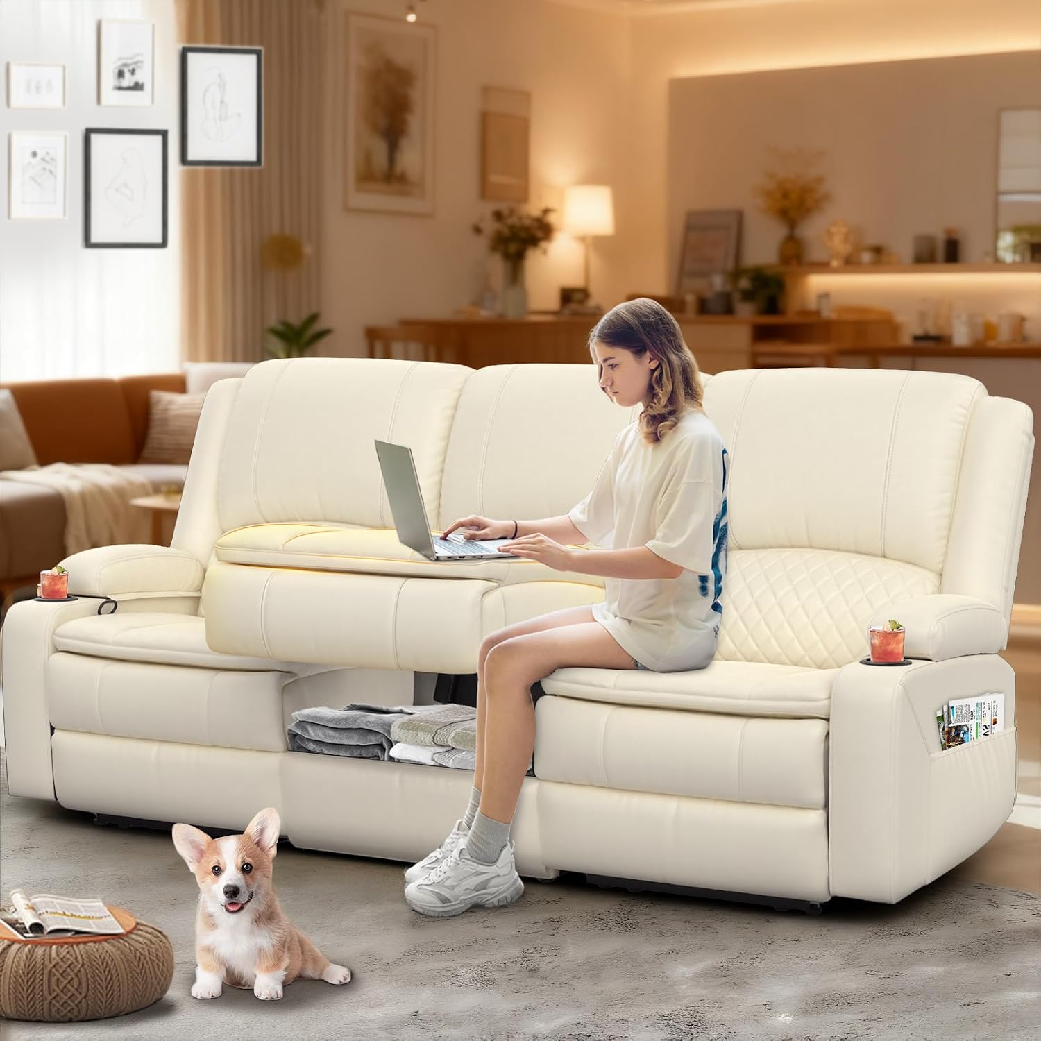 Yolsali 3-Seater Recliner Sofa, Manual Reclining Couch with Multi-Functional Middle Seat, Reclining Sofa for Living Room with Hidden Storage Space, Cup Holders, and Removable Console