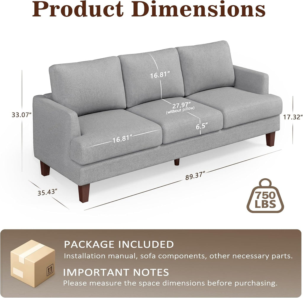 Gericco Mid Century Modern Couches for Living Room, 89' Comfy Grey Couch Sofa with 3-Seater Deep Seats, Upholstered Sofas for Living Room, Office Apartment, Bedroom, Light Grey