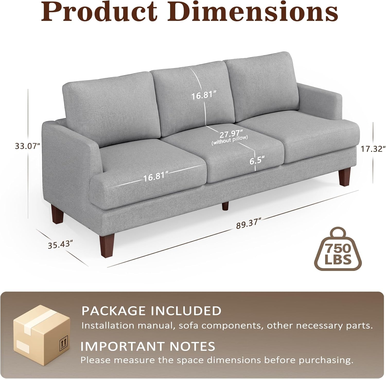 Gericco Mid Century Modern Couches for Living Room, 89' Comfy Grey Couch Sofa with 3-Seater Deep Seats, Upholstered Sofas for Living Room, Office Apartment, Bedroom, Light Grey